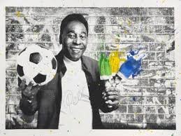 Mr. Brainwash x Pele collaborative signed+framed jersey: PSA Authenticated. Pele X Mr.Brainwash collaboration signed Jersey. Display comes with a PSA certified sticker and certificate. Measures approximately 30x30.