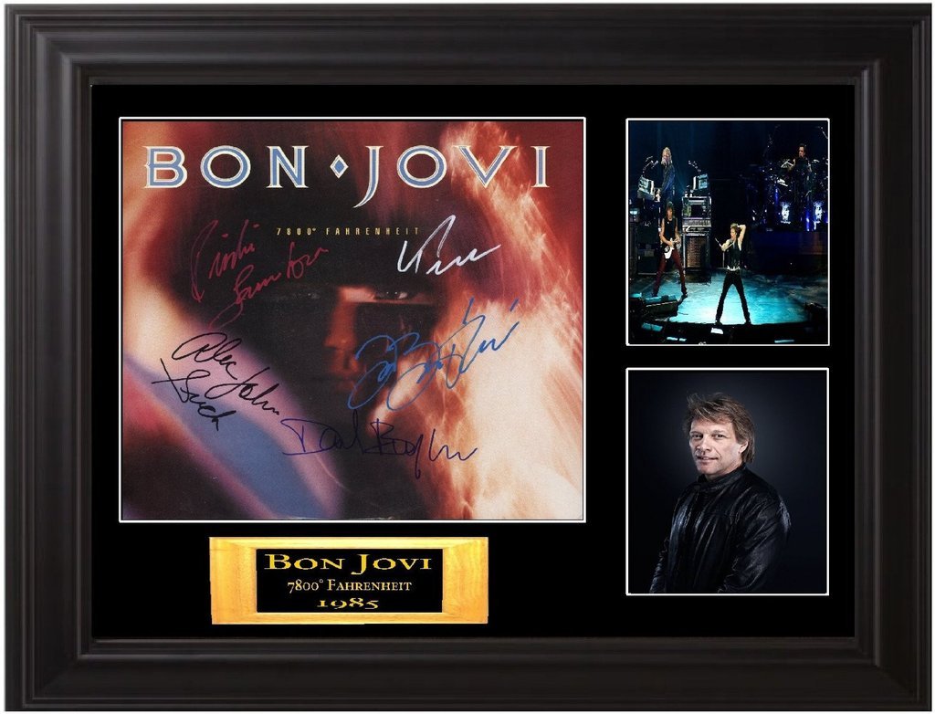 Bon Jovi Band signed album: Bon Jovi signed album collage. This item is custom framed and signed by Jon Bon Jovi, Richie Sambora, David Bryan & Tico Torres. It is Beckett authenticated.