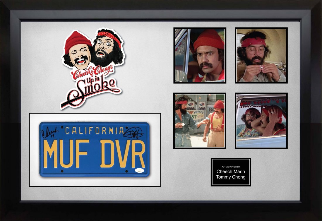 Cheech and Chong Signed License Plate Collage: Custom framed Cheech and Chong Up in Smoke Signed License Plate and photo collage autographed by Cheech Marin and Tommy Chong. Approximate dimensions are 30x20 inches. This item is authenticated by JS