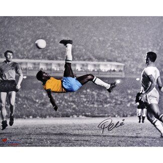 Pele signed 18x24 Bicycle Kick Canvas: Canvas measures approximately 29\" x 24\" in size. Hand-signed and inscribed in black felt-tip pen by Pele. Pele with extra color embellishment Stretched on wood ready to hang. Fantastic PieceDuring h