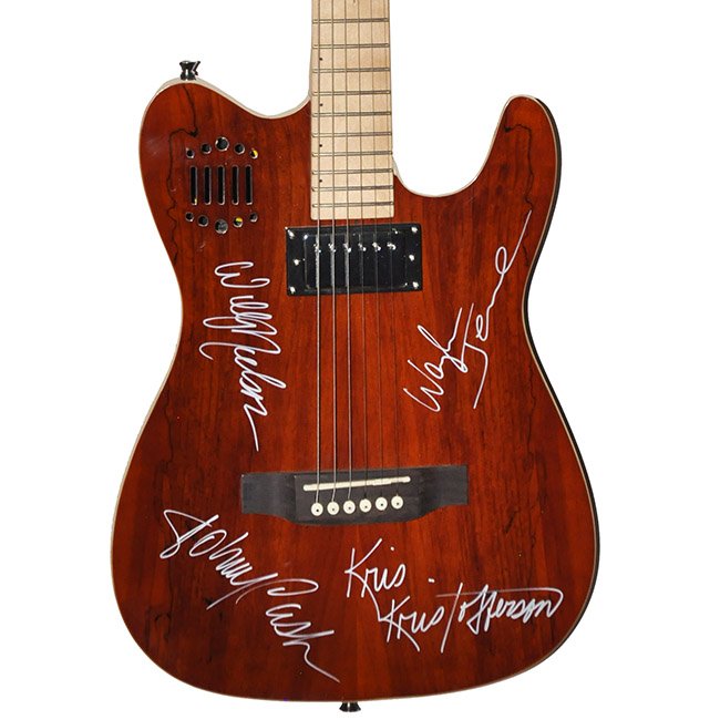 Signed Highwayman guitar Johnny Cash: This is a redwood sidewinder style guitar Signed by:Johnny Cash, Waylon Jennings, Willie Nelson, and Kris Kristofferson. This come with a 3rd party COA