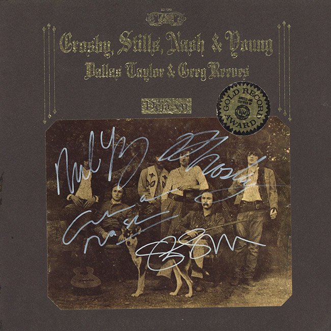 signed Crosby Stills Nash and Young album: This album (Deja Vu) by CSNY is signed by:David Crosby, Graham Nash, Stephen Stills, and Neil Young. This item comes with a 3rd party authentication