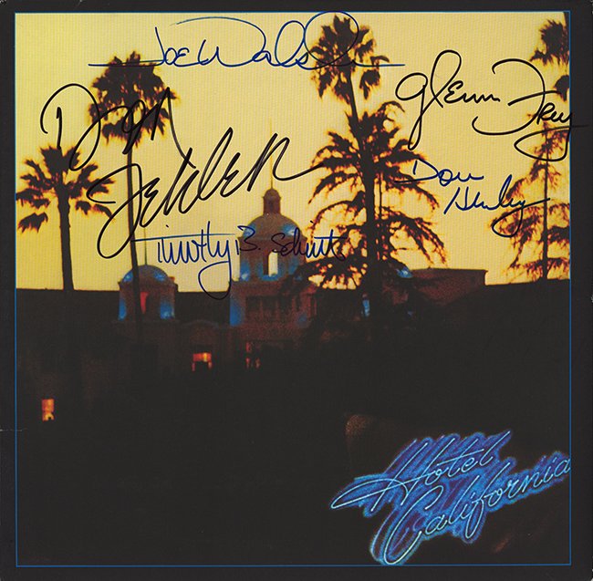 Eagles signed Hotel California album: Eagles Hotel California album is Signed by:Don Henley, Glenn Frey, Don Felder, Joe Walsh, and Timothy B Schmit. This is their best selling album and has a third party authentication that comes with th