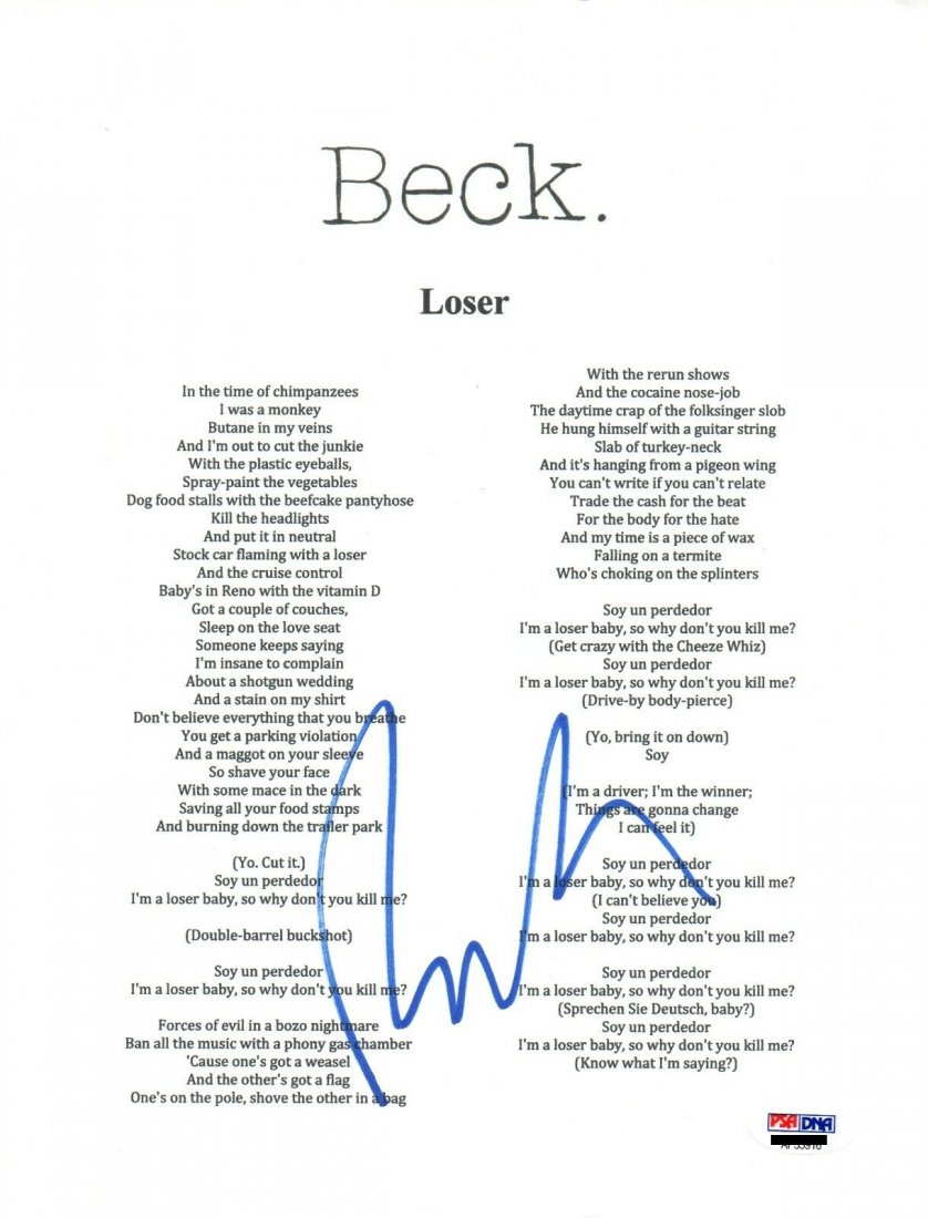 Beck Loser Signed Lyrics Nov 08 19 Ngu Memorabilia In Ca
