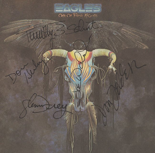 The Eagles One Of These Nights signed Album: Signed by Don Henley, Glenn Frey, Don Felder, Joe Walsh, and Timothy B Schmit .This item comes with a Certificate of Authenticity from a third party authenticator. This Certification of Authenticity d