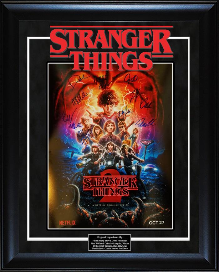 Stranger Things 2 Signed Mini-Poster: This poster is signed by Millie Bobby Brown, Gaten Matarazzo, Finn Wolfhard, Caleb McLaughlin, Winona Ryder, Noah Schnapp, David Harbour, Natalia Dyer, Charlie Heaton and Joe Keery This item comes wit