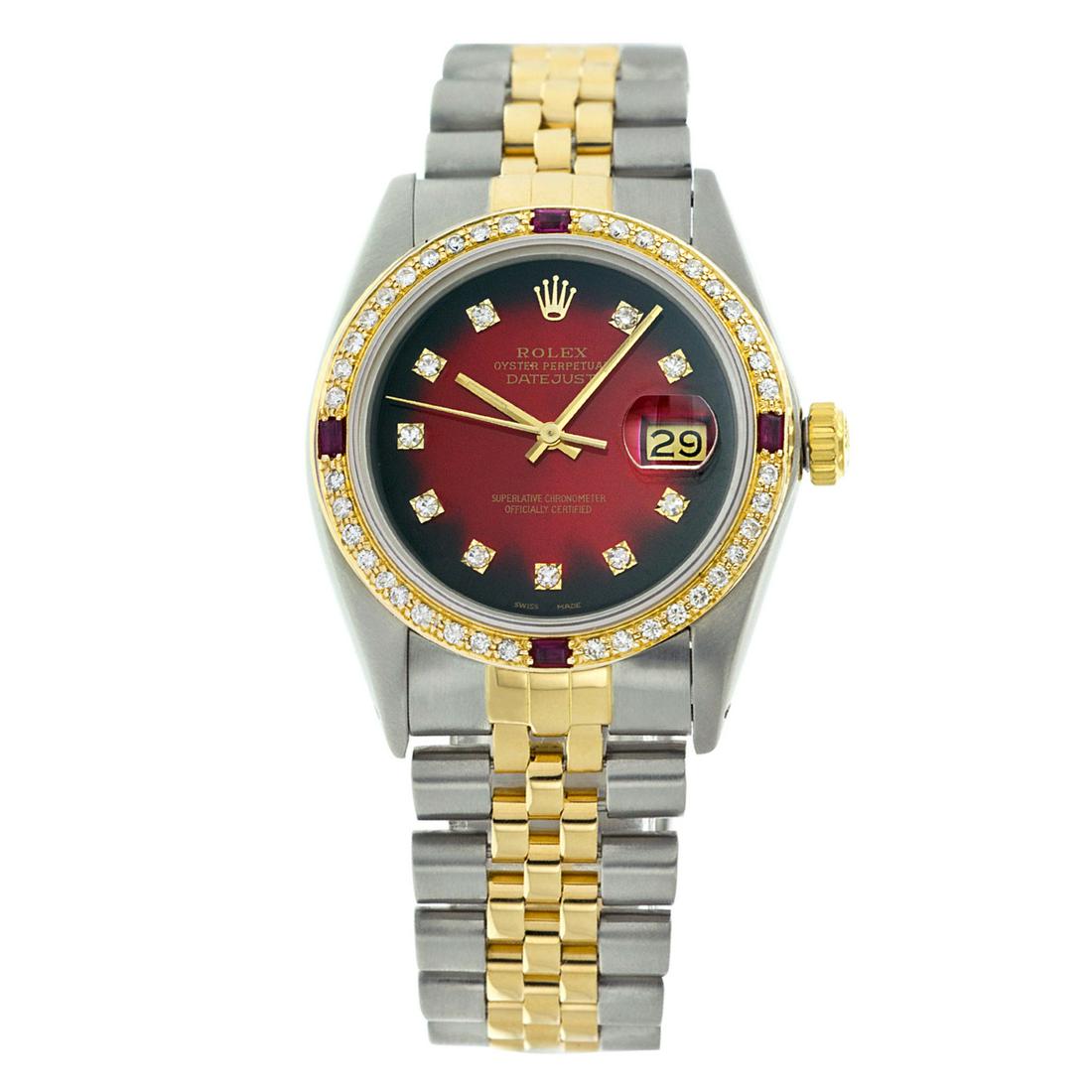 Pre-owned Excellent Condition Rolex Datejust Mens 36mm: Pre-owned Excellent Condition Rolex Datejust Mens 36mm Model: Rolex Datejust Mens 36mm Sapphire Crystal Dial: Custom (Not Rolex) Red Vignette Dial Markers: 10 Genuine Diamonds Diamond: G-H color/ SI1-