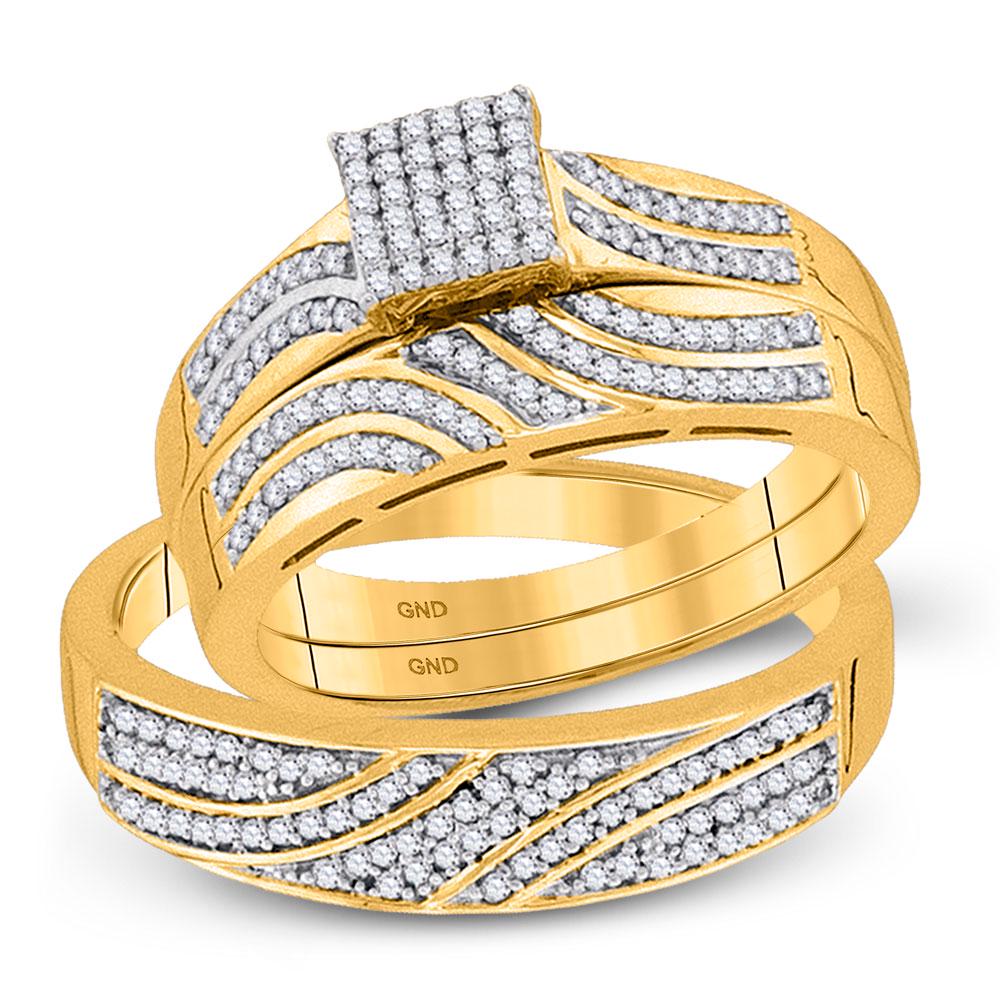 10kt Yellow Gold His & Hers Round Diamond Square: 10kt Yellow Gold His & Hers Round Diamond Square Cluster Matching Bridal Wedding Ring Band Set 3/8 Cttw Manufacturer Model: JSC-91858 Description