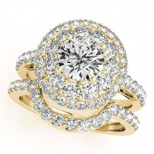 1.88 ctw VS/SI Diamond 2pc Wedding Set Halo 14K Yellow: 1.88 ctw VS/SI Diamond 2pc Wedding Set Halo 14K Yellow Gold Designer Brand Luxury Jewelry, made in the USA Suggested Retail Price: $9,900 Factory offers perfect factory sizing, for all rings &