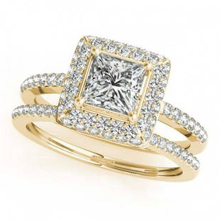 1.01 ctw VS/SI Princess Diamond 2pc Set Halo 14K Yellow: 1.01 ctw VS/SI Princess Diamond 2pc Set Halo 14K Yellow Gold Designer Brand Luxury Jewelry, made in the USA Suggested Retail Price: $8,200 Factory offers perfect factory sizing, for all rings &