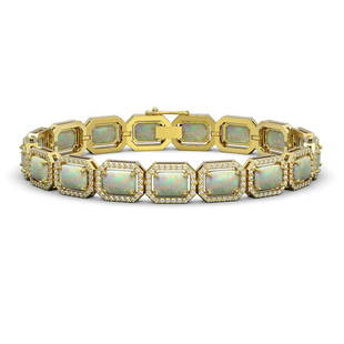 16.86 ctw Opal & Diamond Halo Bracelet 10K Yellow Gold: 16.86 ctw Opal & Diamond Halo Bracelet 10K Yellow Gold Designer Brand Luxury Jewelry, made in the USA Suggested Retail Price: $18,400 Factory offers perfect factory sizing, for all rings &