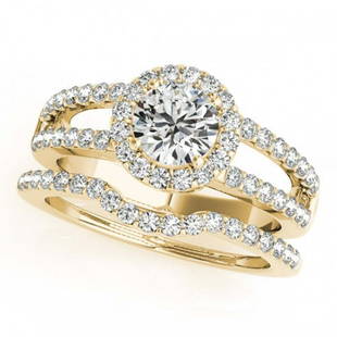 1.51 ctw VS/SI Diamond 2pc Wedding Set Halo 14K Yellow: 1.51 ctw VS/SI Diamond 2pc Wedding Set Halo 14K Yellow Gold Designer Brand Luxury Jewelry, made in the USA Suggested Retail Price: $9,350 Factory offers perfect factory sizing, for all rings &