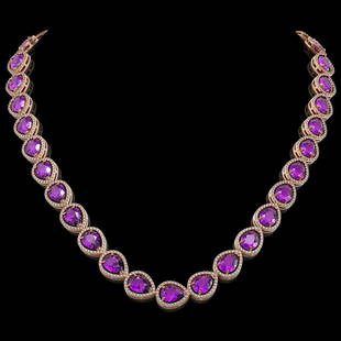 43.2 ctw Amethyst & Diamond Halo Necklace 10K Rose Gold: 43.2 ctw Amethyst & Diamond Halo Necklace 10K Rose Gold Designer Brand Luxury Jewelry, made in the USA Suggested Retail Price: $33,150 Factory offers perfect factory sizing, for all rings &