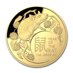 2020 Australia 1 oz Gold $100 Lunar Year of the Rat: 1 pc. 2020 Australia 1 oz Gold $100 Lunar Year of the Rat Domed Proof