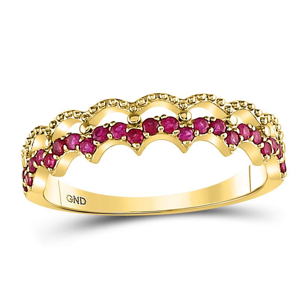 10kt Yellow Gold Round Ruby Scalloped Stackable Band: 10kt Yellow Gold Round Ruby Scalloped Stackable Band Ring 1/4 Cttw Manufacturer Model: JSC-127730 Description 10kt Yellow Gold Womens Round Ruby