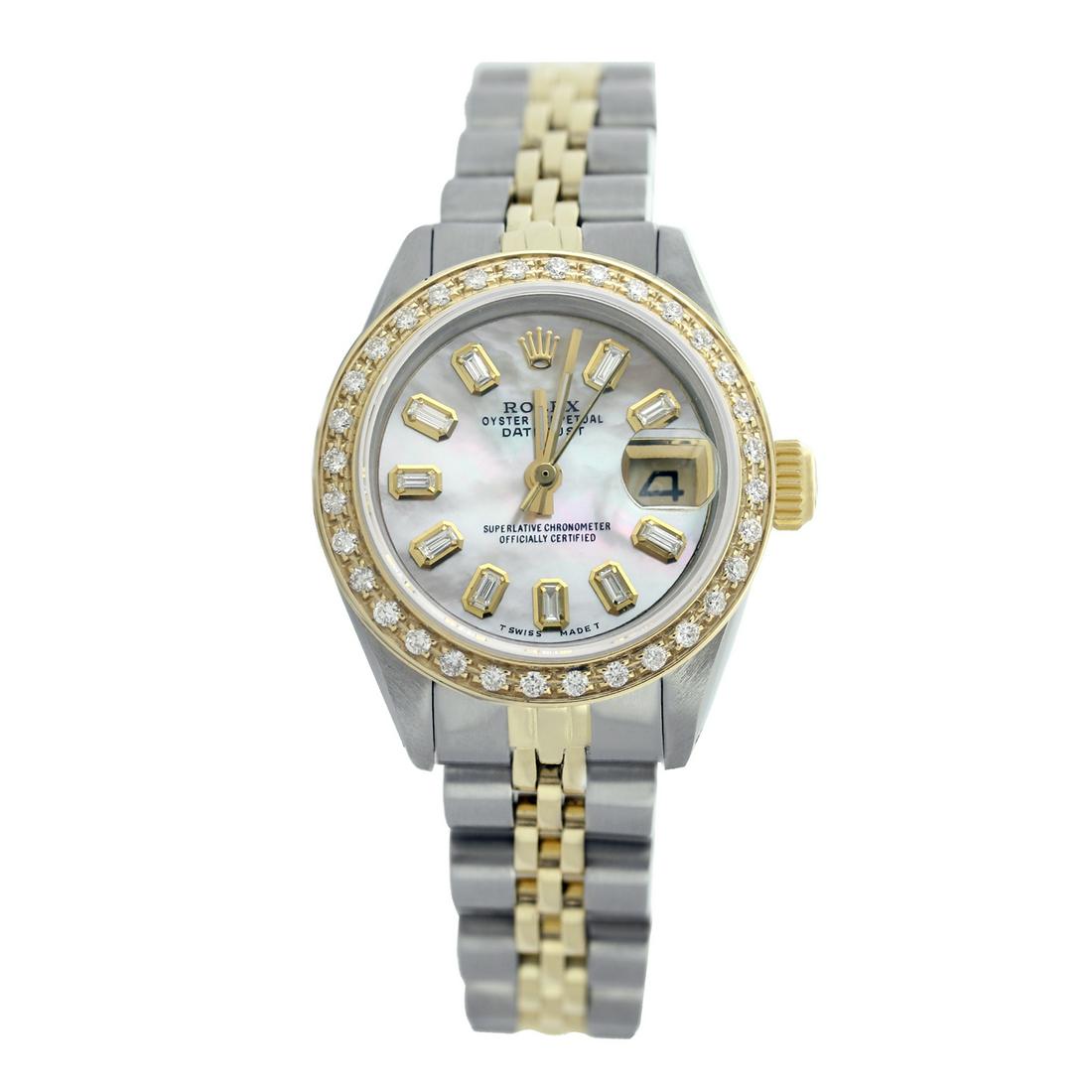 Pre-owned Excellent Condition Rolex Datejust Lady 26mm: Pre-owned Excellent Condition Rolex Datejust Lady 26mm Model: Rolex Datejust Lady 26mm Sapphire Crystal Dial: Custom (Not Rolex) White Mother of Pearl Dial Markers: 10 Baguette Diamonds Diamond: G-H c