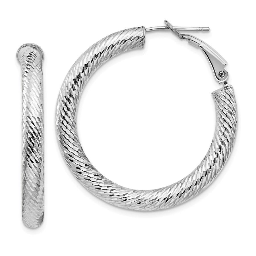 14k White Gold Diamond-cut Omega Back Hoop Earrings -: 14k White Gold Diamond-cut Omega Back Hoop Earrings - 4x25 mm Your winning item will match the quality of the product shown. Dates will be according to listing, may or may not vary.