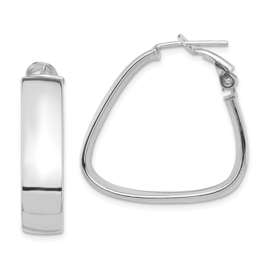 14k White Gold Omega Back Triangle Hoop Earrings - 7x27: 14k White Gold Omega Back Triangle Hoop Earrings - 7x27 mm Your winning item will match the quality of the product shown. Dates will be according to listing, may or may not vary.