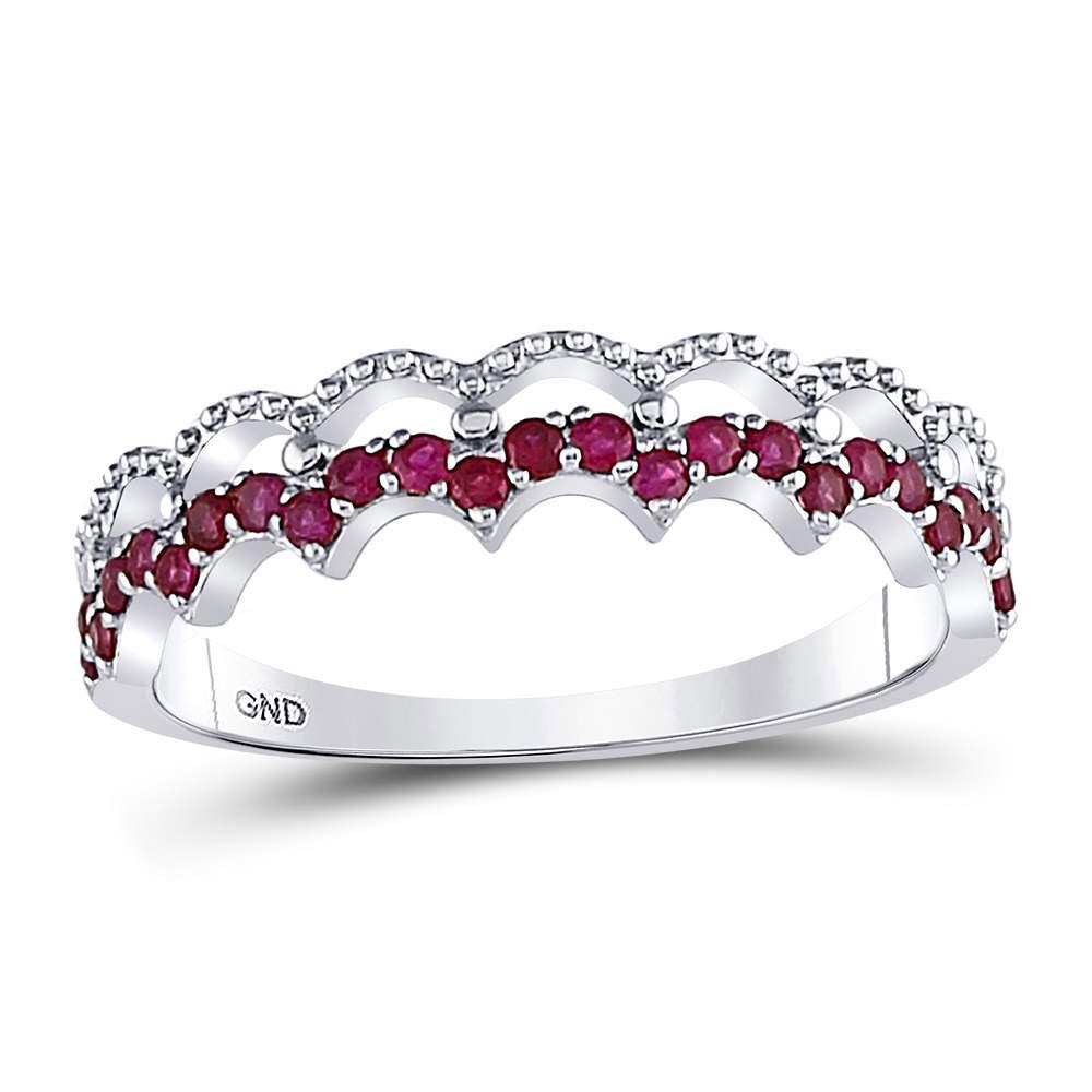 10kt White Gold Womens Round Ruby Scalloped Stackable: 10kt White Gold Womens Round Ruby Scalloped Stackable Band Ring 1/4 Cttw Manufacturer's Ref. No.: 127731 Manufacturer's Suggested Retail Price: $ 590.00