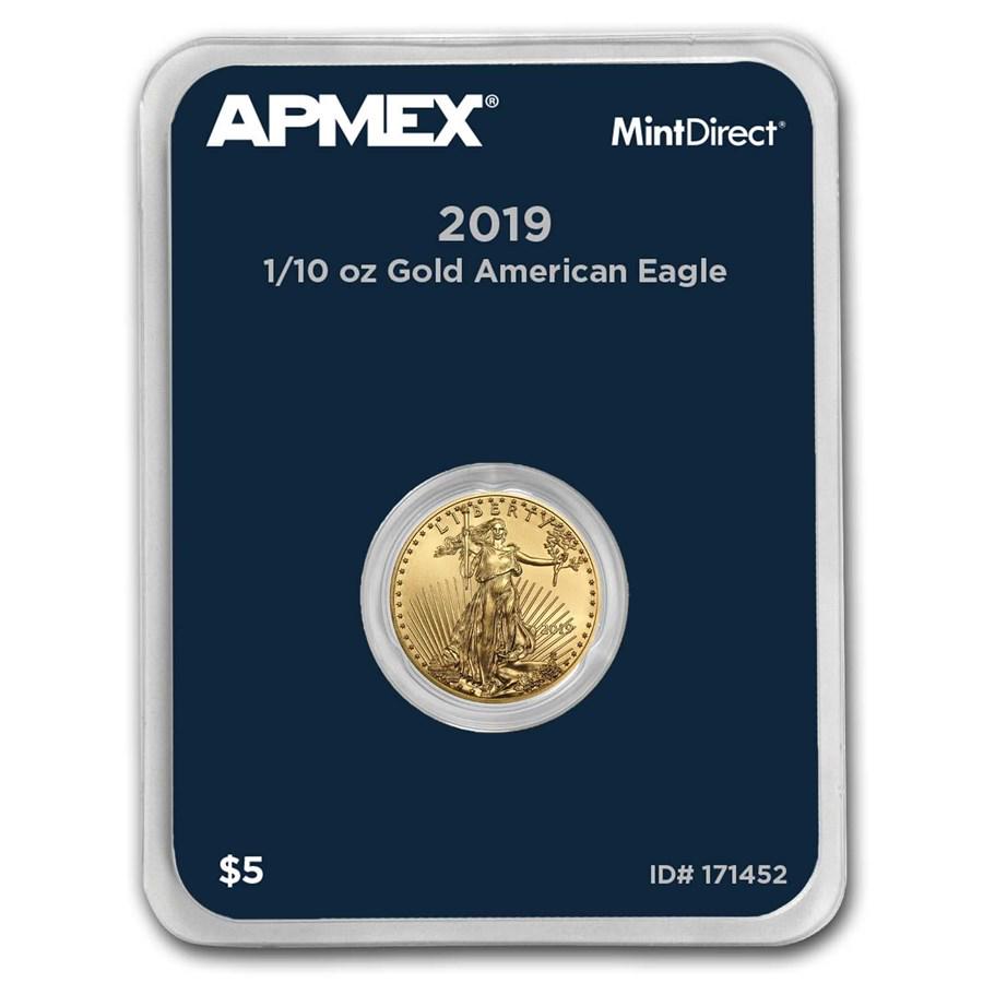 2019 1/10 oz Gold American Eagle (MintDirect® Single): 2019 1/10 oz Gold American Eagle (MintDirect® Single) Your winning item will match the quality of the product shown. Dates will be according to listing, may or may not vary.