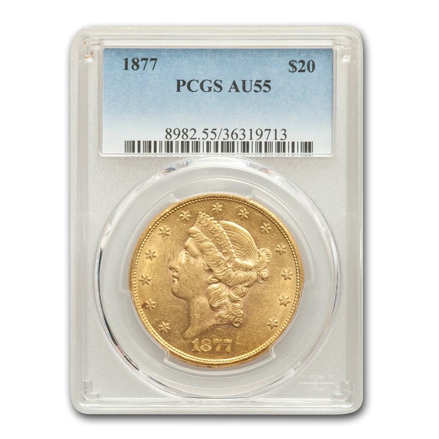 1877 $20 Liberty Gold Double Eagle AU-55 PCGS: 1877 $20 Liberty Gold Double Eagle AU-55 PCGS Your winning item will match the quality of the product shown. Dates will be according to listing, may or may not vary.