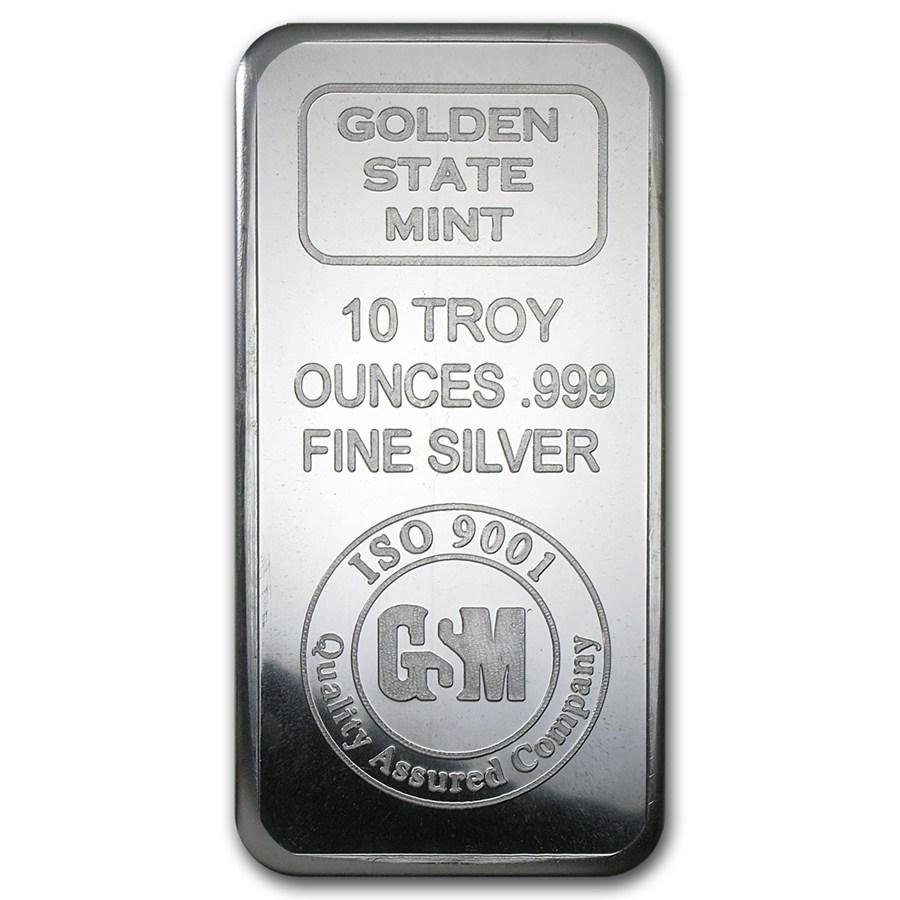 10 oz Silver Bar - Golden State Mint (ISO): 10 oz Silver Bar - Golden State Mint (ISO) Your winning item will match the quality of the product shown. Dates will be according to listing, may or may not vary.