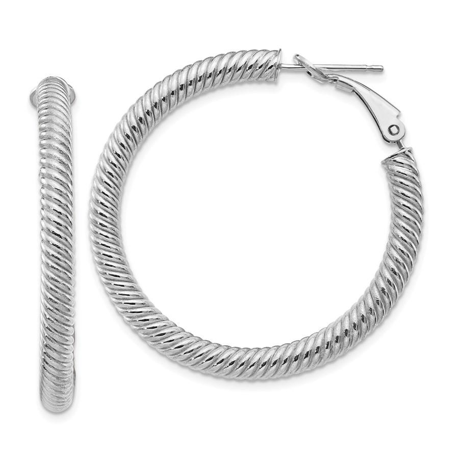 10k White Gold Twisted Round Omega Back Hoop Earrings -: 10k White Gold Twisted Round Omega Back Hoop Earrings - 4x30 mm Your winning item will match the quality of the product shown. Dates will be according to listing, may or may not vary.