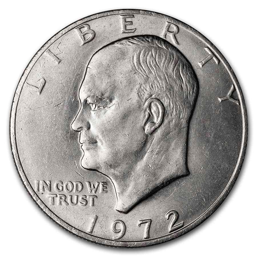 1972 Clad Eisenhower Dollar BU (Type 2): One piece 1972 Clad Eisenhower Dollar BU (Type 2) The Eisenhower Dollar was introduced to celebrate President Dwight D. Eisenhower and the Apollo XI moon landing. This 1972 Type 2 is the key Eisenhowe