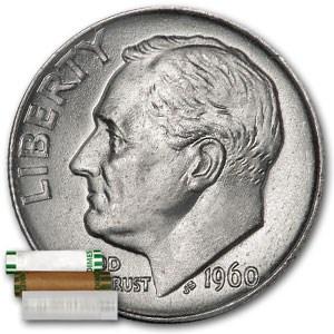 1960-D Roosevelt Dime 50-Coin Roll BU: One piece 1960-D Roosevelt Dime 50-Coin Roll BU This 50-coin roll contains uncirculated dimes from 1960. Great for any collector looking to invest in scrap Silver. SKU: RB9379