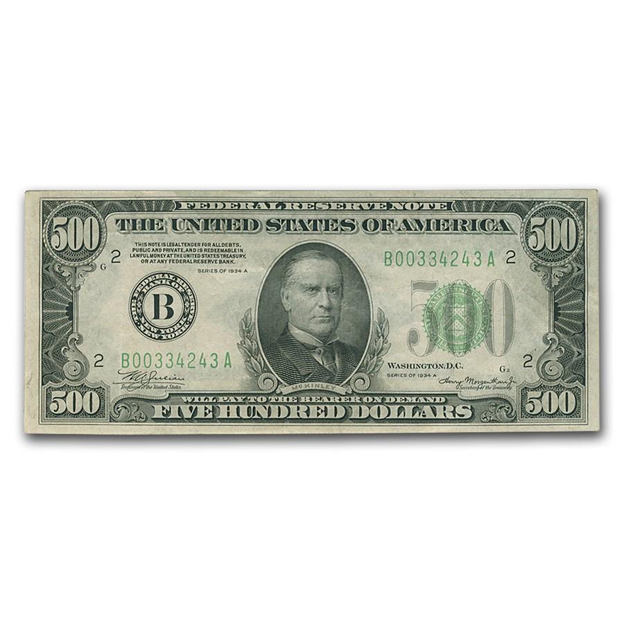 1934-A (B-New York) $500 FRN XF (Fr#2202-B): One piece 1934-A (B-New York) $500 FRN XF (Fr#2202-B) This bright and attractive $500 Federal Reserve Note has vibrant coloration with no distractions. This note would make a nice addition to any high