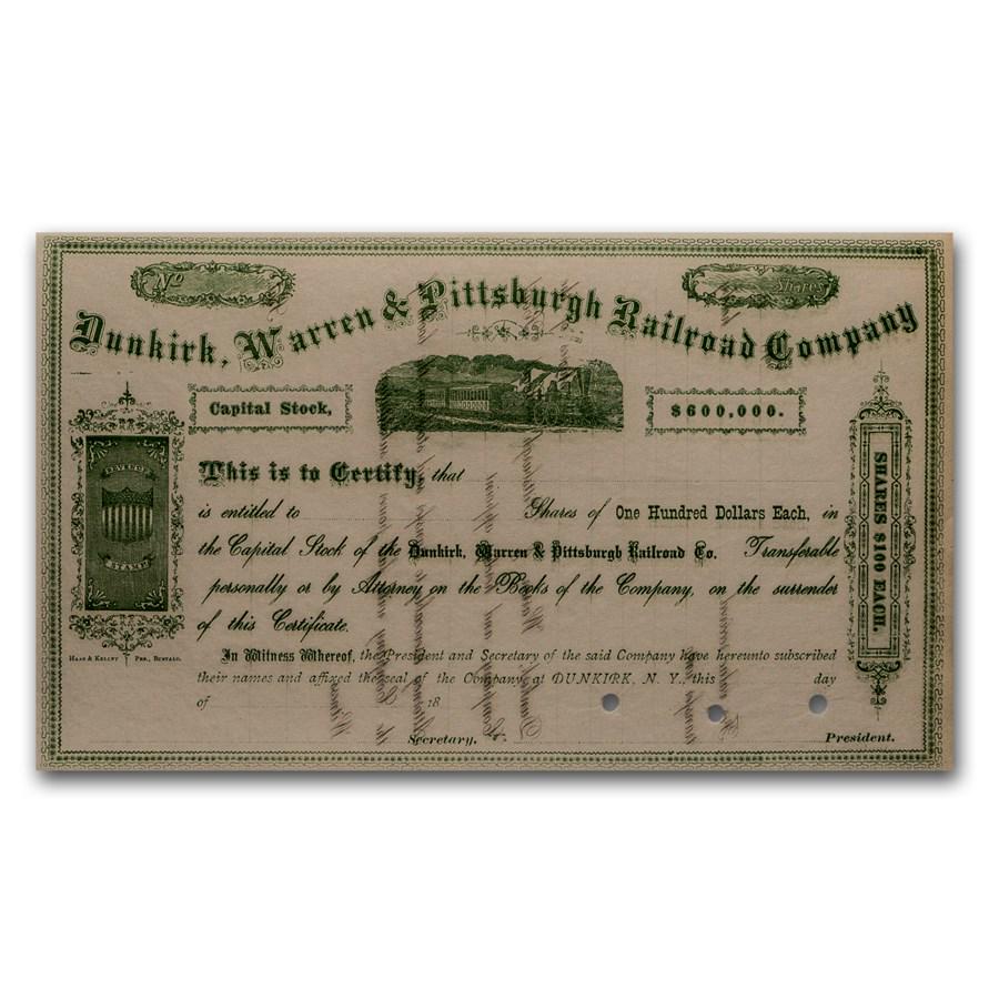 Dunkirk, Warren & Pittsburgh Railroad Stock Certs.: One piece Dunkirk, Warren & Pittsburgh Railroad Stock Certs. (Sheet of 3) Beautiful un-cut sheet of 3 Stock Certificates from Dunkirk, Warren & Pittsburgh Railroad Company circa 1870s. SKU: RB51538