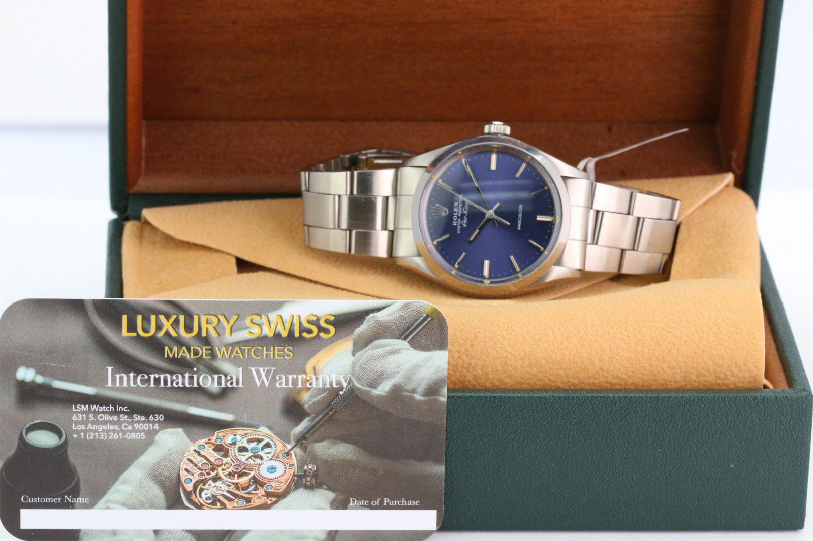 Pre-Owned Rolex Oyster Perpetual Air-King Precision: Excellent Pre-Owned Rolex Oyster Perpetual Air-King Precision 5500 Condition: Excellent Pre-owned Authentic Packaging: Comes with generic watch box Paperwork: Comes with In-house Certificate Subject t