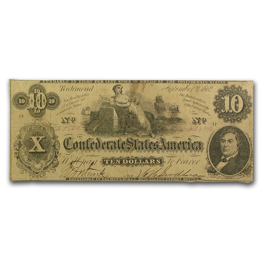 1862 $10 (T-46) Ceres on Cotton Bales Fine: One piece 1862 $10 (T-46) Ceres on Cotton Bales Fine Superb vignettes of the goddess Ceres reclining on Cotton Bales and an oval portrait of R. M. T. Hunter. Small size confederate currency is gaining