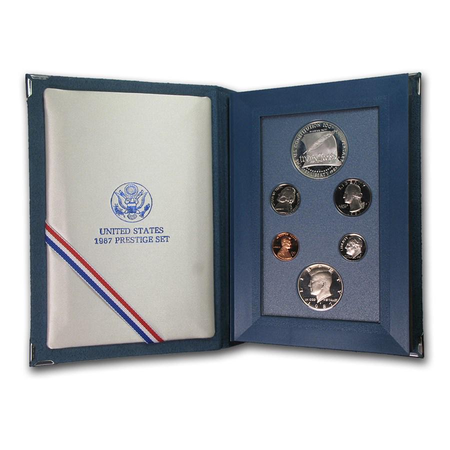 1987 U.S. Mint Prestige Set: One piece 1987 U.S. Mint Prestige Set This wonderful six-piece set includes all of the proof issue coins of 1987 as well as a commemorative U.S. Constitution Silver dollar in the original U.S. Mint pr