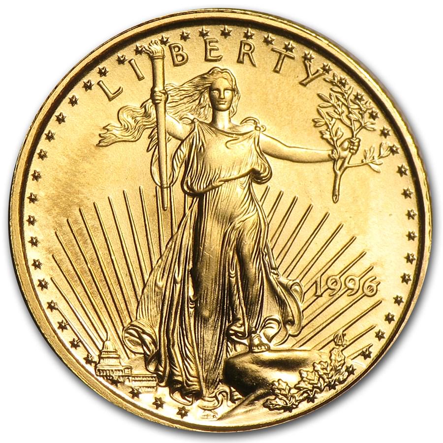 1996 1/10 oz American Gold Eagle BU: One piece 1996 1/10 oz American Gold Eagle BU This semi-key date fractional Gold Eagle, with a very limited mintage, provides an aspect of collectibility on top of Gold investment appeal. Fractional G