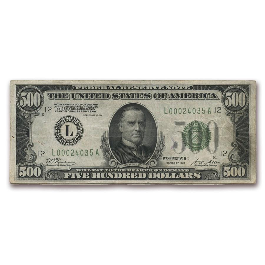1928 (L-San Francisco) $500 FRN VF (Fr#2200-L): One piece 1928 (L-San Francisco) $500 FRN VF (Fr#2200-L) Very nice and scarce 1928 $500 Federal Reserve Note from the illusive San Francisco Federal Reserve District in Very Fine condition. SKU: RB828