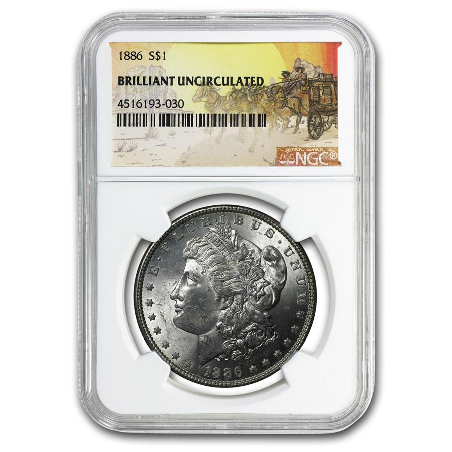 1886 Stage Coach Morgan Dollar BU NGC: One piece 1886 Stage Coach Morgan Dollar BU NGC These Brilliant Uncirculated Morgan Dollars are housed in the popular Stage Coach holders and are encapsulated to protect your investment. SKU: RB115642