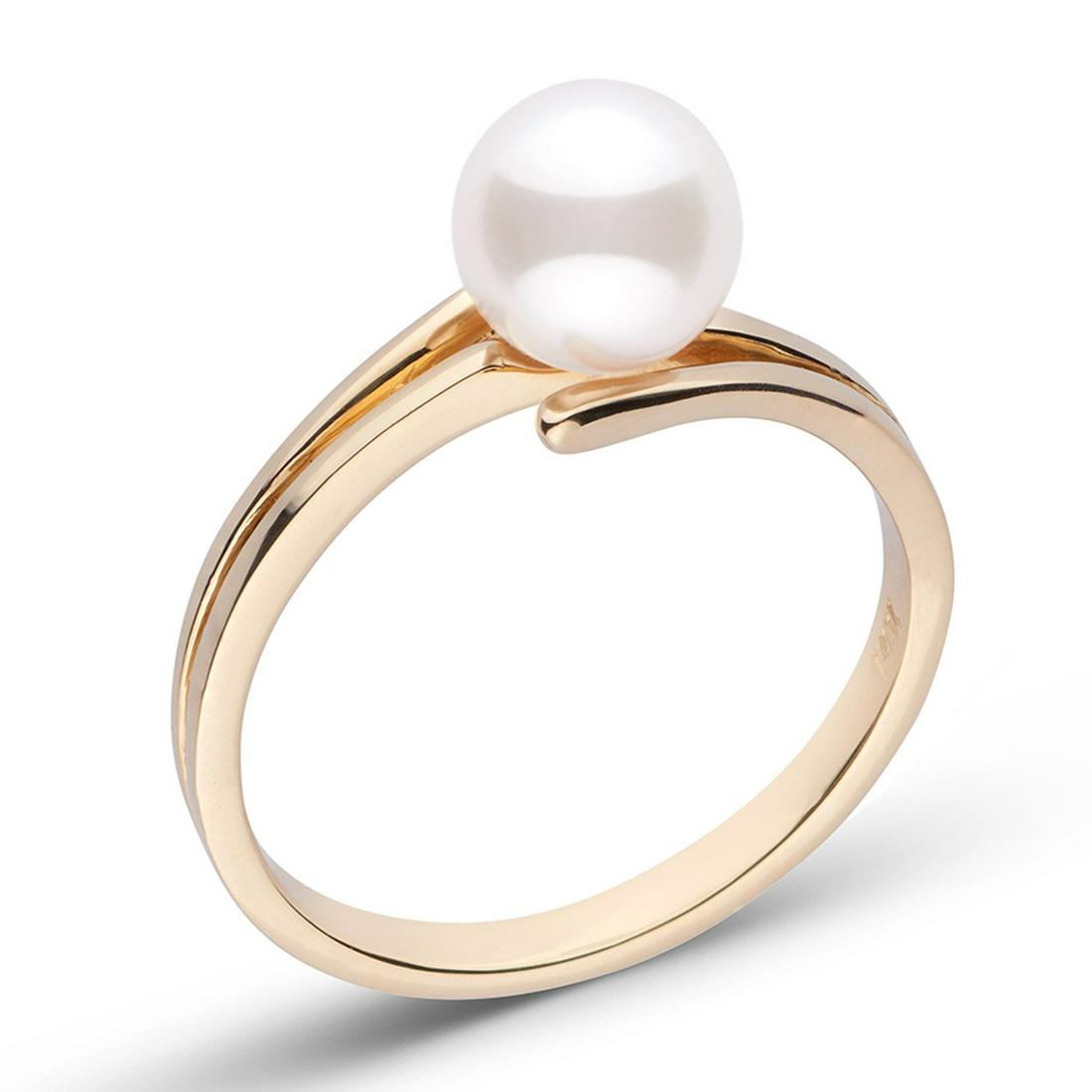 White Japanese Akoya Pearl Glance Solitaire Ring,: White Japanese Akoya Pearl Glance Solitaire Ring, 6.5-7.0mm 8 / 14K Yellow Gold