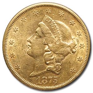 1875-S $20 Liberty Gold Double Eagle AU: One piece 1875-S $20 Liberty Gold Double Eagle AU This vintage coin is a great investment for those wanting to own a coin that circulated in the U.S. more than a century ago. Type-2 coins include the