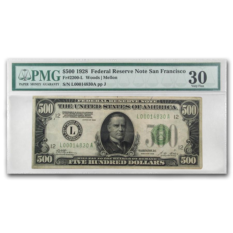 1928 (L-San Francisco) $500 FRN VF-30 PMG (Fr#2200-L): One piece 1928 (L-San Francisco) $500 FRN VF-30 PMG (Fr#2200-L) Very nice and scarce 1928 $500 Federal Reserve Note from the elusive San Francisco Federal Reserve District in Extra Fine-45 condition. 