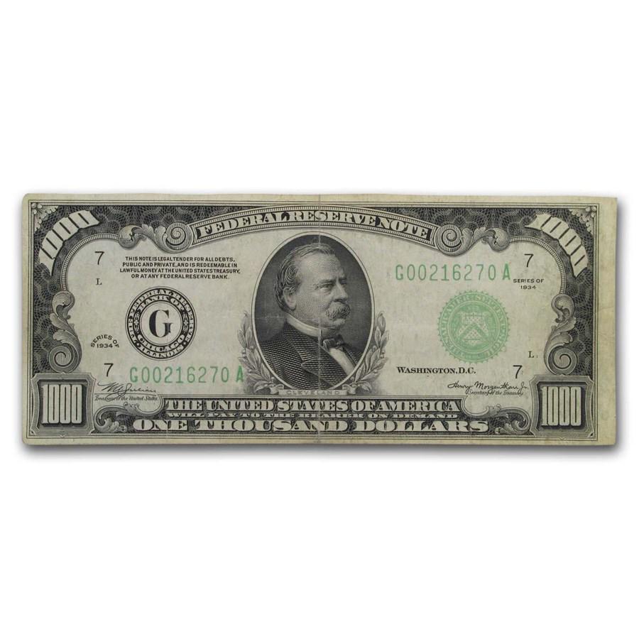 1934 (G-Chicago) $1,000 FRN VF (Fr#2211-G): One piece 1934 (G-Chicago) $1,000 FRN VF (Fr#2211-G) High denomination currency was originally intended for commerce between banks. However, they slowly made their way into circulation and are highly 