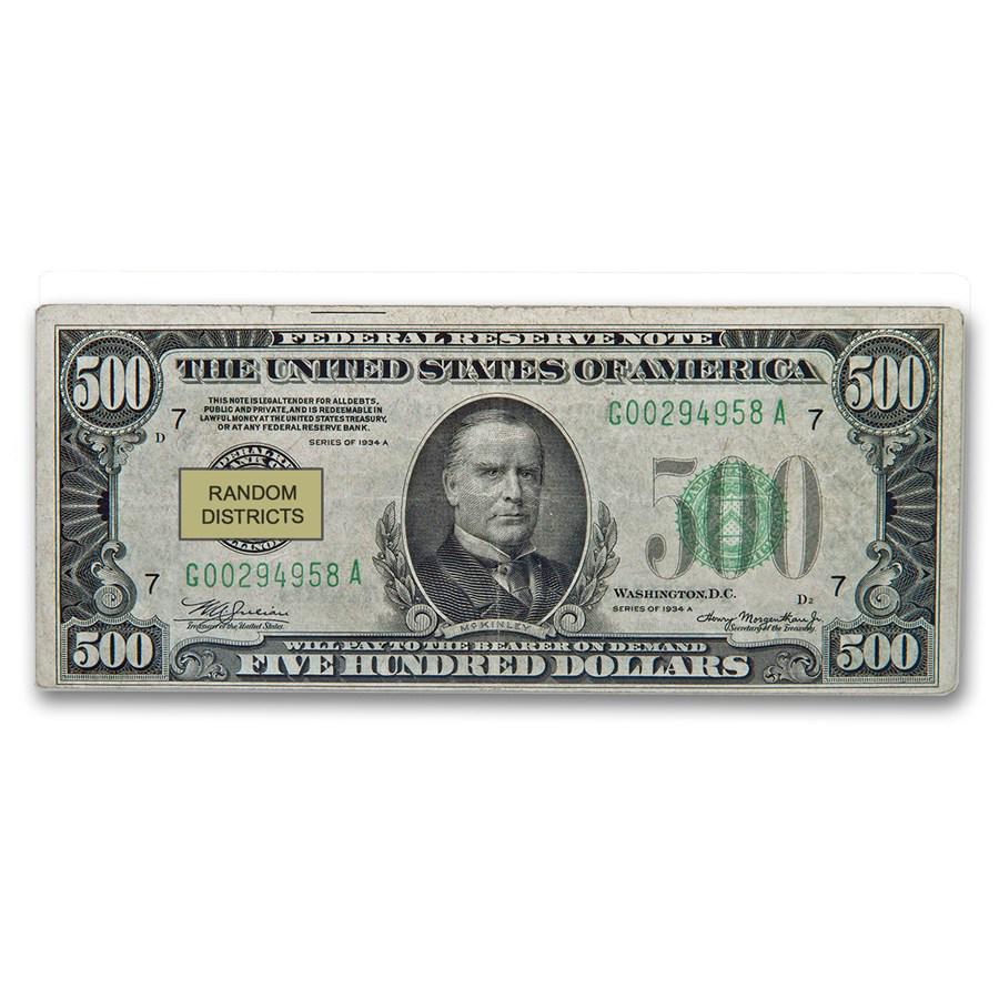 1934/34-A $500 FRN VF (Districts of Our Choice): One piece 1934/34-A $500 FRN VF (Districts of Our Choice) High denomination currency is often referred to as the â€œBullion” of currency because of their popularity and accessibility. Origin