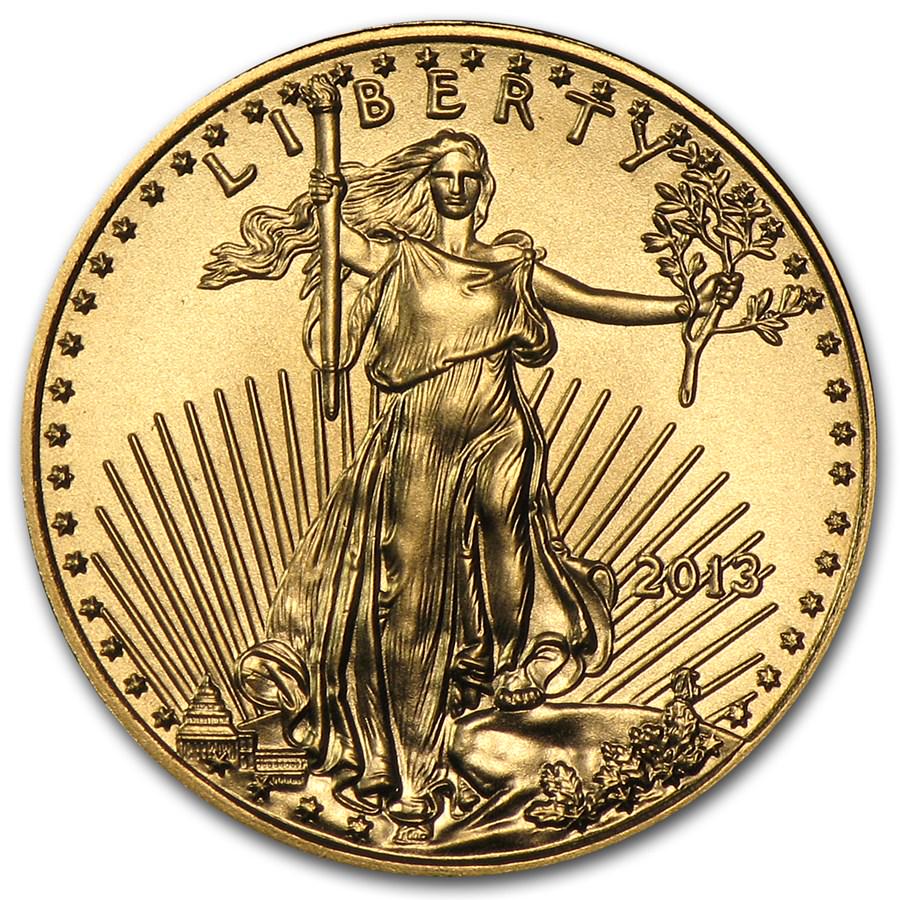 2013 1/10 oz American Gold Eagle BU: One piece 2013 1/10 oz American Gold Eagle BU With a classic design and a more affordable Gold content, these 1/10 oz Gold American Eagles provide both a beautiful coin for collectors and an easier op