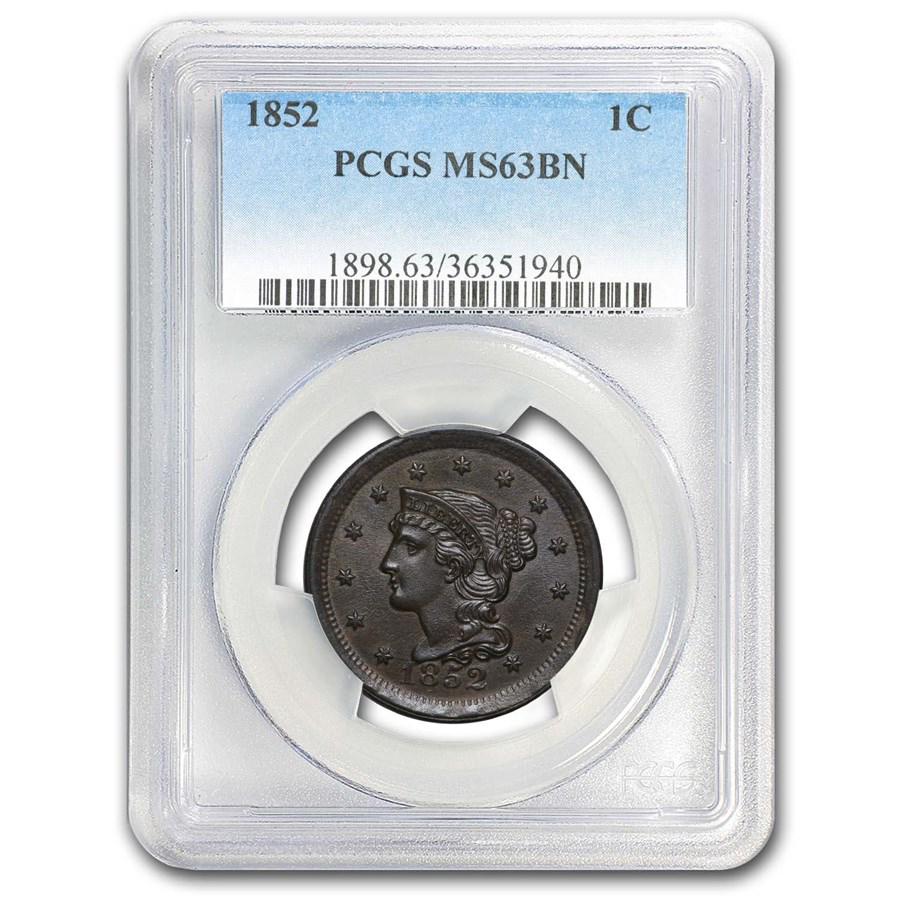 1852 Large Cent MS-63 PCGS (Brown): One piece 1852 Large Cent MS-63 PCGS (Brown) Even brown color and no distracting marks make this an excellent way to collect a problem free mint state for this year. Certified an MS-63 by PCGS and enc