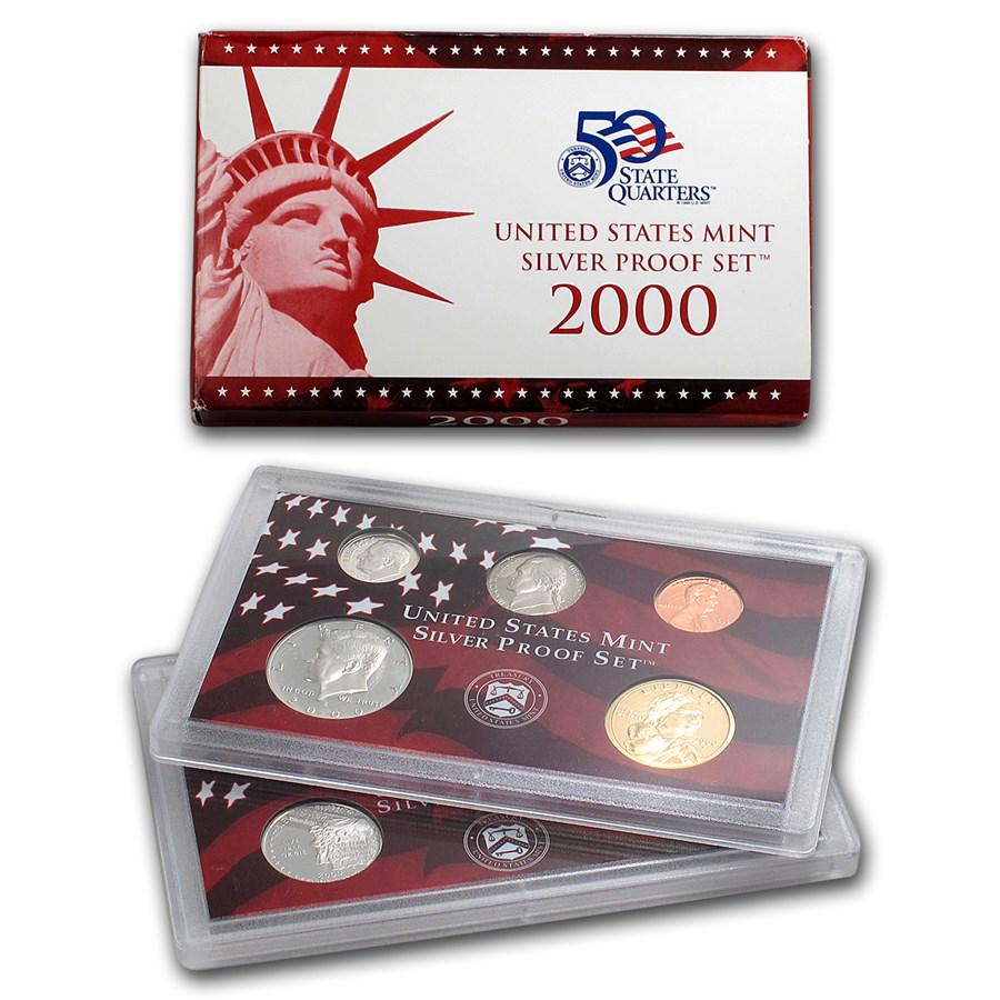 2000 Silver Proof Set: One piece 2000 Silver Proof Set This 10-piece set includes a dollar, half dollar, dime, nickel, and cent, as well as the 2000 releases of the popular Statehood Quarter Series, all in a beautiful proof