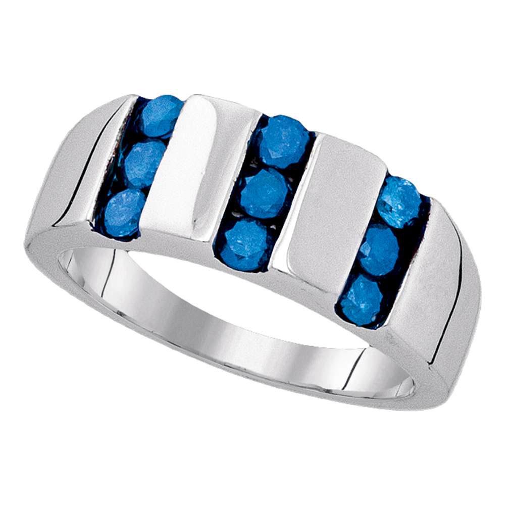 Sterling Silver Mens Blue Color Enhanced Channel-set: Sterling Silver Mens Round Blue Color Enhanced Channel-set Diamond Triple Row Band 1 Cttw SKU: GD90560