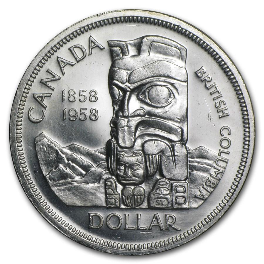 1958 Canada Silver Dollar British Columbia Totem Pole: One piece 1958 Canada Silver Dollar British Columbia Totem Pole AU These Canadian Silver dollars feature an obverse portrait of Elizabeth II and the Totem Pole design on the reverse. A great Vintage C