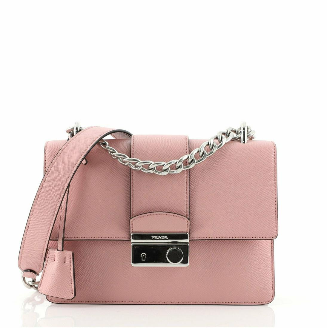Prada Sound Chain Shoulder Bag Saffiano Leather Small: Prada Sound Chain Shoulder Bag Saffiano Leather Small Condition: Pre-owned: An item that has been used or worn previously. . Brand: Prada Color: Pink Material: Leather Department: Women Style: Shoulde