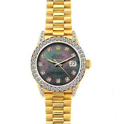 18k Yellow Gold Rolex Datejust Diamond Watch, 26mm,: 18k Yellow Gold Rolex Datejust Diamond Watch, 26mm, President Bracelet Black Mother of Pearl Dial w/ Diamond Bezel and Lugs Condition: Pre-Owned Model –Datejust Movement – Original Rolex Automatic