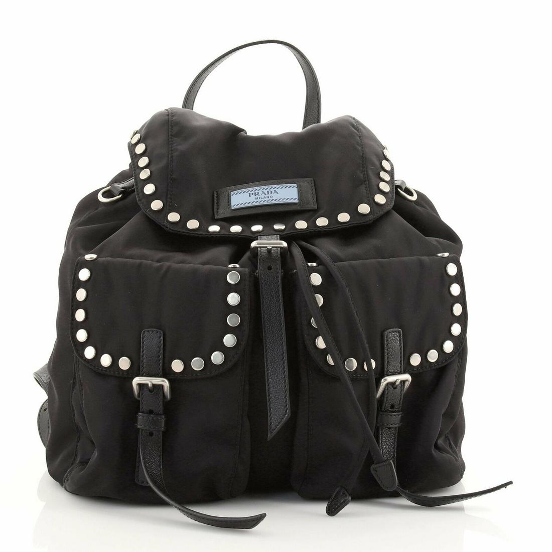 Prada Etiquette Flap Backpack Studded Tessuto Medium: Condition: Pre-owned: An item that has been used or worn previously. See the Consignor’s listing for full details and description of any imperfections. Brand: Prada Color: Black Material: Nylon Depa